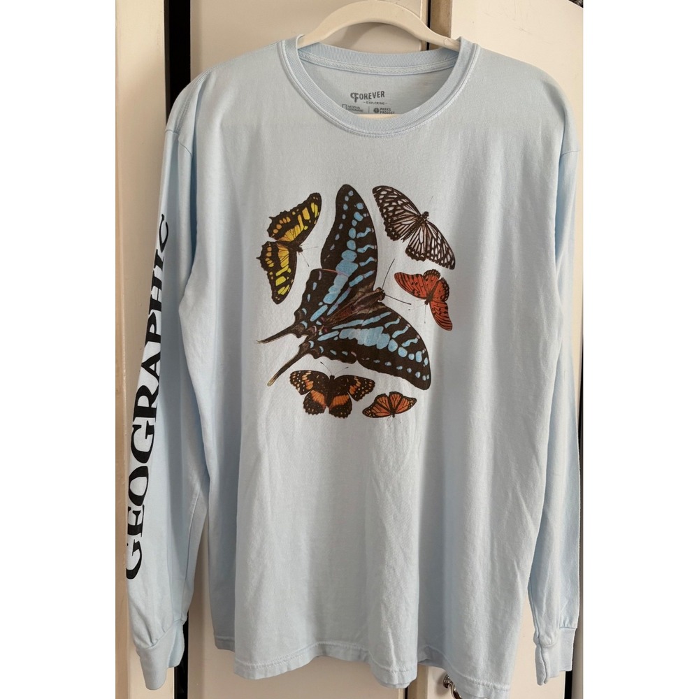 National Geographic Light Blue Long Sleeve Tee with Multicolor Butterfly Print